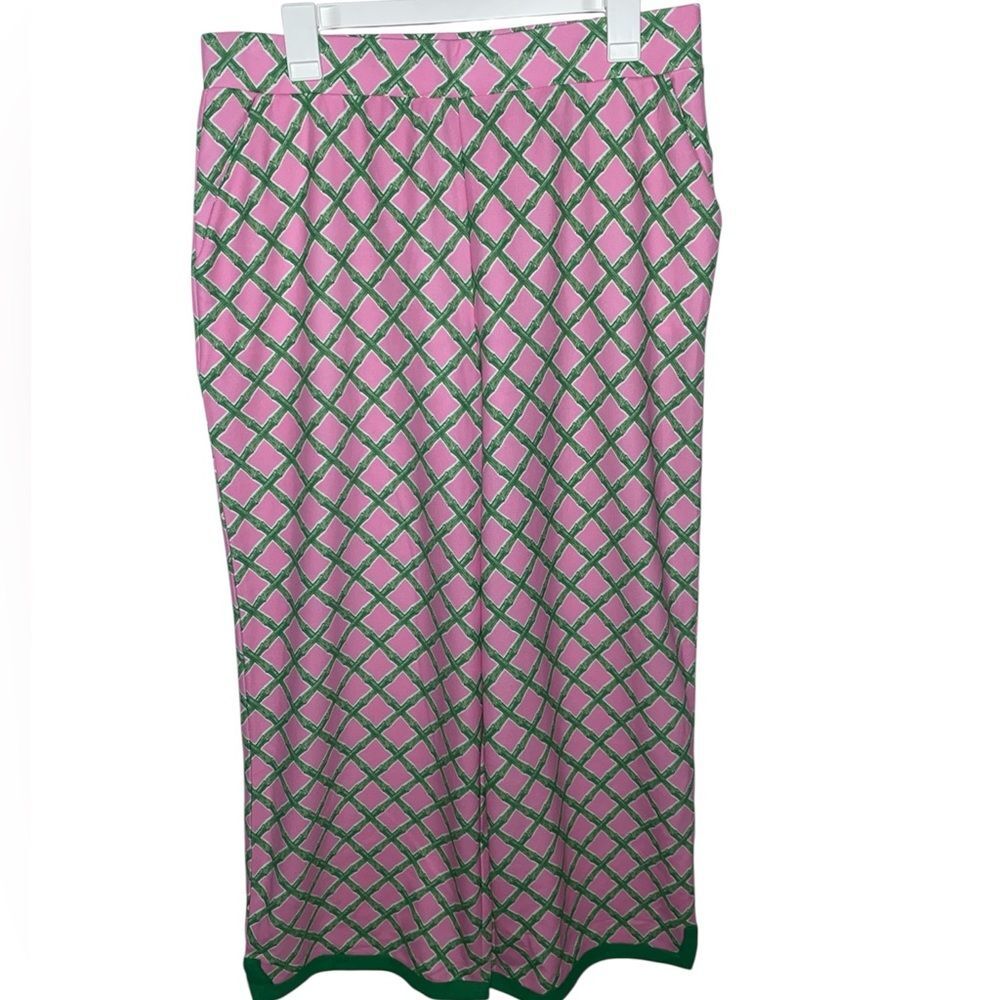 CROWN & IVY Pink Green Bamboo Lattice Wide Leg Pant